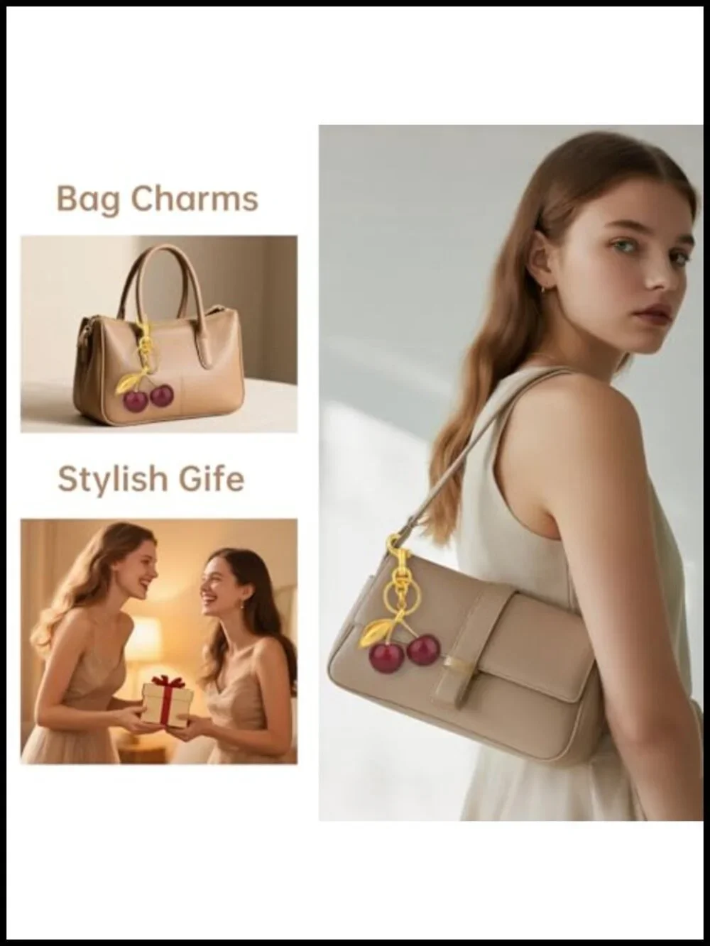 Cherry Keychain Bag Charm Gold-Tone Metal Resin Purse Charm